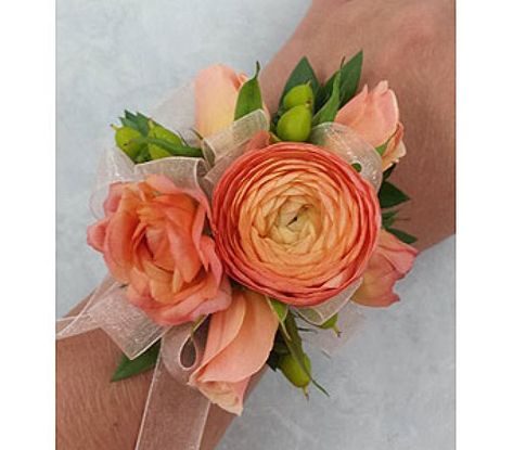 Peach Corsage, Prom Flowers Corsage, Corsage Ideas, Peach Ranunculus, Homecoming Flowers, Prom Corsages, Prom Corsage And Boutonniere, Wrist Corsage Prom, Homecoming Corsage