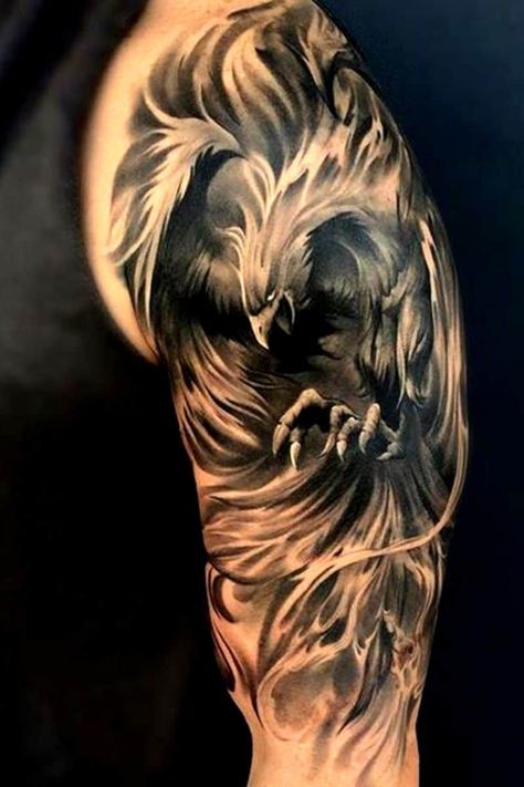 Phenix Tattoo Design Men, Phoenix Half Sleeve Tattoo Men, Black Shoulder Tattoo Men, Tatoos Men Shoulder Ideas, Black Phoenix Tattoo For Men, Phoenix Shoulder Tattoo Men, Phenix Tattoo For Men, Phoenix Realism Tattoo, Mens Shoulder Tattoo Ideas Inspiration