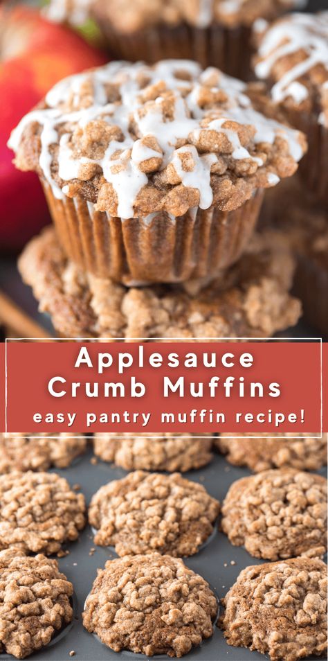 A family favorite fall apple muffin recipe - apple crumb muffins made with applesauce and brown sugar crumb topping. Every time we make these spice muffins, we get tons of compliments! Muffin Recipes With Applesauce, Carmel Apple Muffins Recipes, Apple Sauce Muffin Recipes, Apple Muffins With Applesauce, Apple Sauce Recipes Baking, Muffin With Applesauce, Apple Muffins With Crumb Topping, Apple Sauce Muffins, Muffins Made With Applesauce