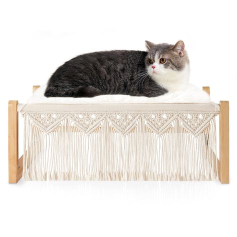 Boho Cat Bed with Blanket Wooden Cat Hammock Bed for Indoor, Macrame Elevated Pet Beds Breathable Cat Couch Furniture Pet Resting Hammock Cat Chair Gift for Cats and Small Dogs Cat Window Bed, Cat Window Hammock, Macrame Cat Hammock, Cat Couch, Cat Window Perch, Window Perch, Hammock Bed, Cat Window, Stables Design