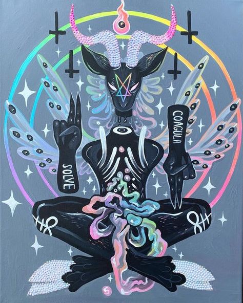 Satanism Painting, Creepy Cool Wallpapers, Baphomet Art Cute, Cute Baphomet Wallpaper, Baphomet Pfp, Baphomet Painting, Satanism Art, Baphomet Drawing, Pentagram Art