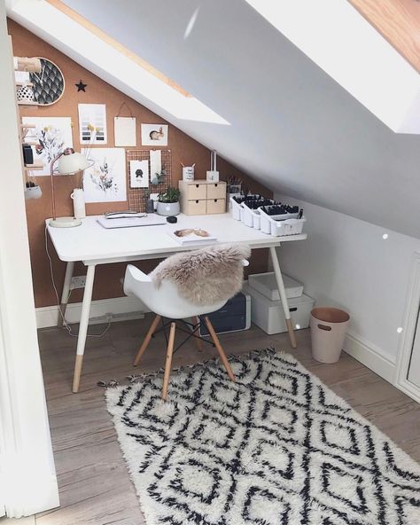 A great loft conversion idea in a small space is to create a small space for a stylish study, like this one by @life_at_number_63 on Instagram.   The loft conversion uses this small space to its full potential - we adore the wall which makes it really practical. The neutral tones, white walls and light floor also make it feel bright and spacious, and the light floods in from the double velux windows. The perfect place to be inspired and get creative at home! Peaceful Office, Loft Conversion Ideas, Dissertation Motivation, Loft Room Ideas, Small Loft Spaces, Small Attic Room, Loft Conversion Bedroom, Tiny Loft, Attic Office