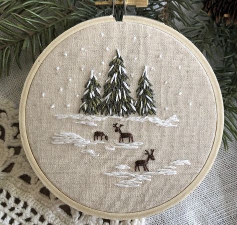 Embroidered Christmas Stocking Diy, Embroidery Winter Patterns, Embroidery Pine Tree Tutorial, Christian Embroidery Designs, Simple Winter Embroidery Patterns, Christmas Scene Embroidery, Winter Scene Embroidery, Embroidery Ornaments, Winter Embroidery