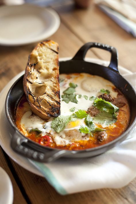 gjelina, venice CA Bon Appetite, Moroccan Food, Baked Eggs, French Farmhouse, I Love Food, Brunch Recipes, Tomato Sauce, Skillet, Cilantro