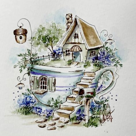 Teapot House Drawing, Fairytale House Drawing, Tea Pot House Drawing, Whimsical Garden Drawing, Teacup House Drawing, Cute House Drawing Cottages, Fairy House Watercolor, Flower Fairy House Drawing, Whimsical Art Paintings