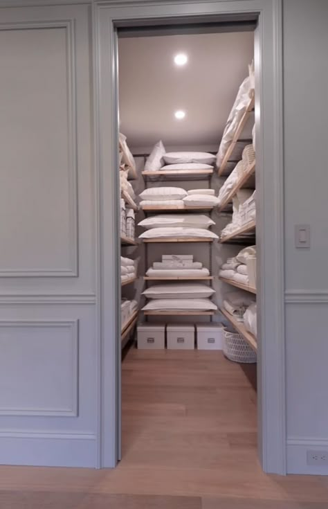 Armoire For Linen Storage, Janitors Closet Aesthetic, Walk In Linen Closet Design, Laundry Room Design Luxury, Luxury Linen Closet, Luxury Storage Room, Dream Pantry Walk In Luxury, Walk In Linen Closet, Bedding Closet