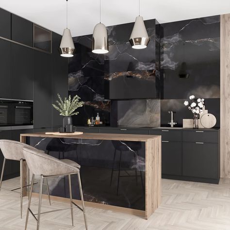 Black Kitchen Ideas, Onyx Kitchen, Modern Black Kitchen, Onyx Tile, Black Mosaic, Gorgeous Bathroom, Black Kitchen, Kitchen Tile, Kitchen Trends