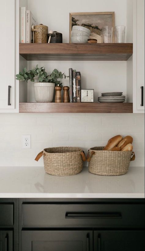 Open Shelves In Kitchen Decor, Kitchen Shelf Styling Farmhouse, Scandi Room, Kitchen Open Shelf, Berry Avenue Codes Clothes, Trailer Upgrades, House Exterior Before And After, Neutral Kitchen Colors, Floating Shelf Ideas