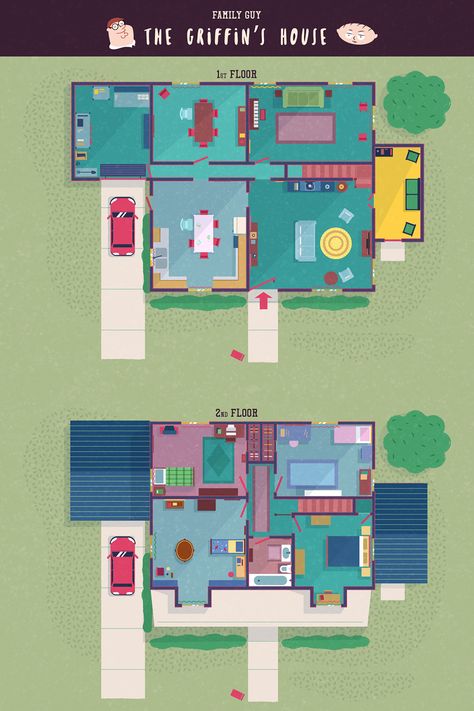 TV-floor-plans-family-guy-griffin-house Family Guy House, Sims Architecture, Addams Family House, Tv Show House, Griffin Family, 4 Family, Sims 4 Family, Sims 4 House Plans, Sims 4 House Building