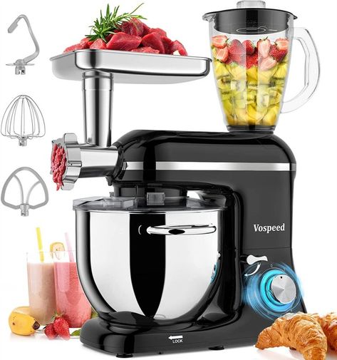 Vospeed 5 IN 1 Stand Mixer, 850W Tilt-Head Multifunctional Electric Mixer with 7.5 QT Stainless Steel Bowl, 1.5L Glass Jar, Meat Grinder, Hook, Whisk, Beater Dishwasher Safe - Black Kitchen Stand Mixer, Best Stand Mixer, Baking Mixer, Juicing With A Blender, Speed Foods, Kitchen Stand, Functional Food, Kitchen Machine, Vegetable Slicer