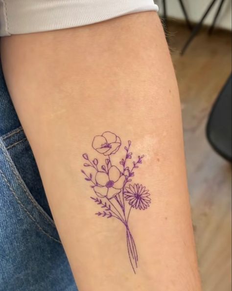 Grandparent Flower Bouquet Tattoo, Small Bundle Of Flowers Tattoo, Minimalist Flower Bouquet Tattoo, Violet And Daisy Flower Tattoo, 4 Flower Bouquet Tattoo, Mimalistic Tattoo, Daisy And Poppy Tattoo, Three Flowers Tattoo, Small Bouquet Tattoo