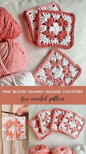 Ravelry: Pink Bloom Granny Square Coasters pattern by The Cozy Tree Granny Square Coasters Free Pattern, Granny Square Coasters, Basic Granny Square, Coasters Pattern, Granny Square Projects, Crochet Throw Pattern, Crochet Christmas Gifts, Halloween Crochet Patterns, Square Coasters