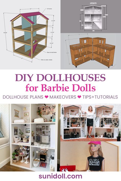 DIY dollhouses for Barbie dolls - dollhouse plans, makeovers, tip and tutorials Barbie Doll House Measurements, How To Build A Barbie Doll House, Build A Barbie House, Dollhouse Building Plans, Build Your Own Dollhouse Easy Diy, Wooden Dollhouse Makeover Diy, Barbie Diy House Ideas, Diy Wooden Dollhouse Plans, Building A Barbie Doll House