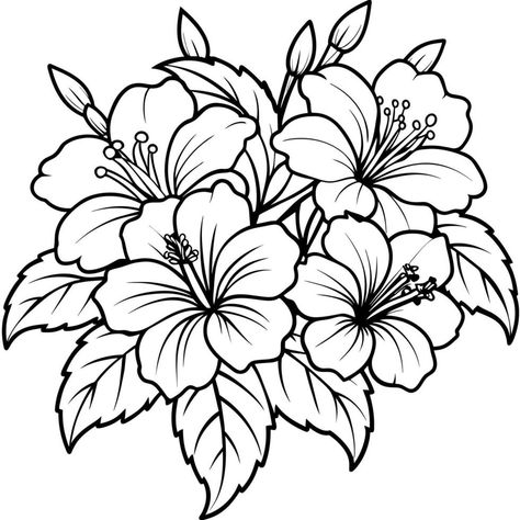 Easy Adult Coloring Pages, Hibiscus Flower Bouquet, Bouquet Black And White, Coloring Page Flowers, Flower Bouquet Illustration, Book Page Design, Hibiscus Drawing, Bouquet Illustration, Wood Yard Art