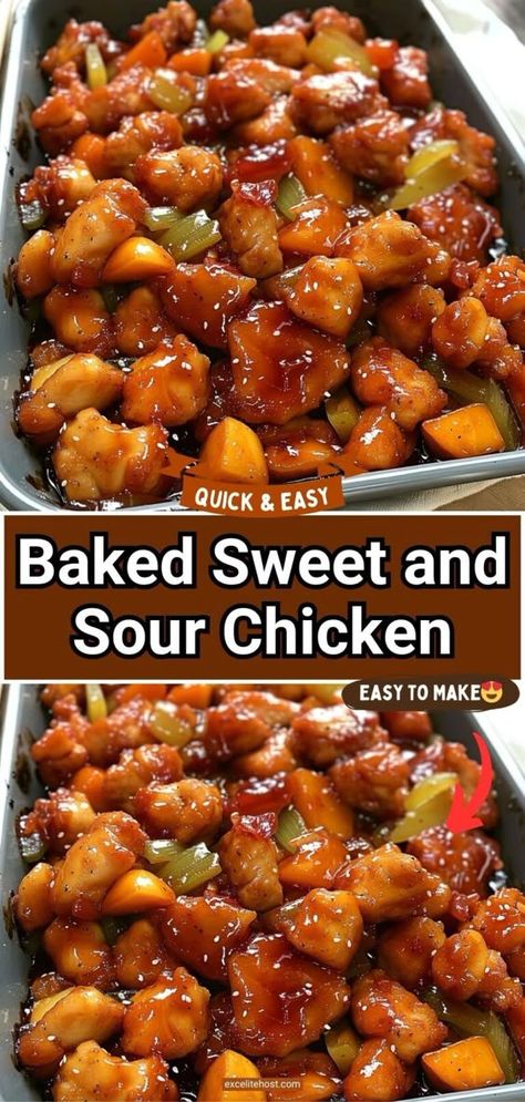 Baked Sweet and Sour Chicken Chicken Sweet And Sour Easy, Baked Sweet Hawaiian Chicken, Sweet And Sour Chicken Casserole, Easy Baked Sweet And Sour Chicken, Easy Cheap Recipes Dinner, Baked Sweet Sour Chicken, Sweet And Sour Baked Chicken, Sweet And Sour Chicken Bites, Baked Chicken Recipes Crispy