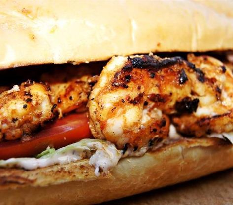 Traditionally, shrimp po-boys in the New Orleans, and surrounding areas, including where I live on the Gulf Coast, consist of fried shrimp, but times are changing, and if you want a great alternative to the fried shrimp version, then give this a go, because it is amazingly delicious! Poor Boy Sandwich Recipes, Grilled Shrimp Sandwich, Shrimp Sandwich Recipes, Shrimp Po Boy Recipe, Grilled Vegetable Sandwich, Vegetable Sandwich, Shrimp Sandwich, Shrimp Po Boy, Creole Mustard