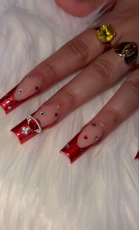 Red Nail Set With Initial, Saturno Nail Ideas, Red Short Nails Acrylic, Chrome Acrylic Nails Designs, Nail Designs With Jewels, Nail Red French, Nails Baddie Aesthetic, Square Acrylic Nails Red, Red 90s Nails