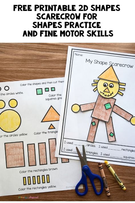 Free printable 2D shapes scarecrow worksheets for shapes practice and fine motor skills. Kindergarten 2d Shapes, Scarecrow Toddler Activities, Colors And Shapes Preschool Activities, Build A Scarecrow Printable, Thanksgiving Shape Activities, Shape Scarecrow, 2d Shapes Kindergarten, Aftercare Ideas, Fall Kindergarten Crafts