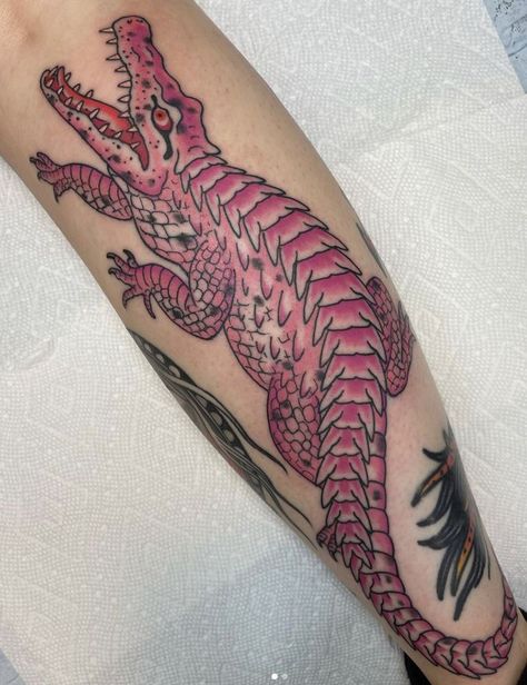 Color Stomach Tattoos, Pink Black Tattoo, American Traditional Crocodile Tattoo, Traditional Style Animal Tattoos, American Traditional Alligator Tattoo, American Traditional Alligator, Traditional Crocodile Tattoo, Traditional Alligator Tattoo, Alligator Tattoos