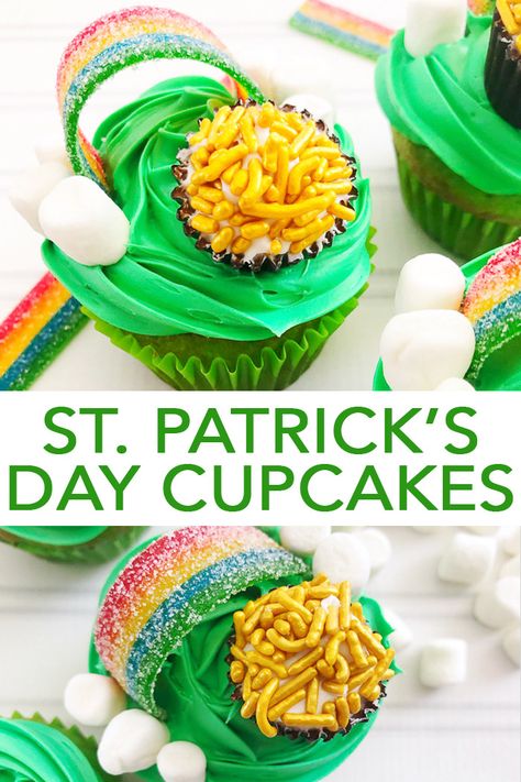 Whip up these St. Patrick's Day cupcakes in no time at all! Includes a rainbow as well as a pot of gold to make them extra special! #stpatricksday #green #rainbow Pot Of Gold Cupcakes, Cupcakes For Kids, Green Cupcakes, Cupcake Mix, Gold Cupcakes, Gold Sprinkles, St Patricks Day Food, Preschool Homeschool, Lucky Duck