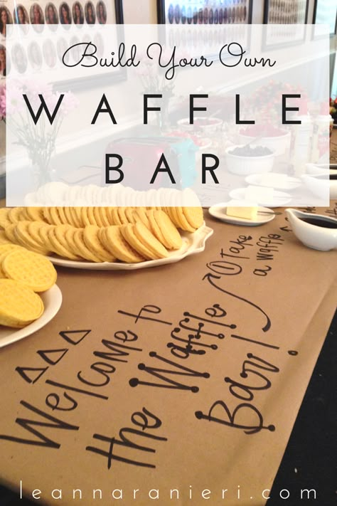 Build Your Own Waffle Bar Waffle Station Ideas Food Bars, Build Your Own Waffle Bar, Easter Waffle Bar, Jazz Brunch Decorations, Waffle Bar Graduation Party, Pancake Waffle Bar, Chicken And Waffle Station, Waffle Bar Toppings Ideas, Fall Waffle Bar