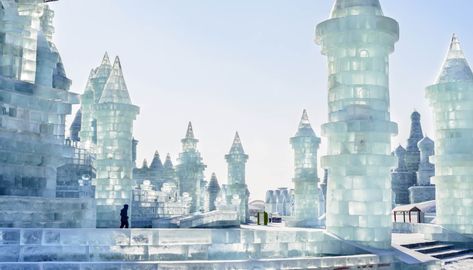 Ice City Aesthetic, Fantasy Ice City, Ice Palace Aesthetic, Ice Kingdom Fantasy Art, Festival Sculpture, China Castle, Ice City, Ice Forest, Ice Tree