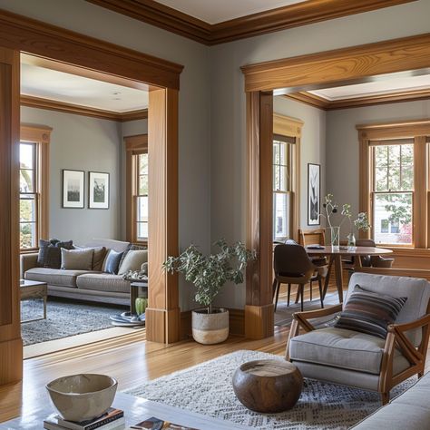 gray living room with wood trim Brown Wood Trim Living Room, Craftsman Wood Trim, Wood Trim Wall Color, Light Grey Walls With Wood Trim, Brown Wall Trim, Interior Dark Trim Light Walls, Wall Trim And Ceiling Same Color, Wood Trim Remodel, Long Living Room Paint Ideas