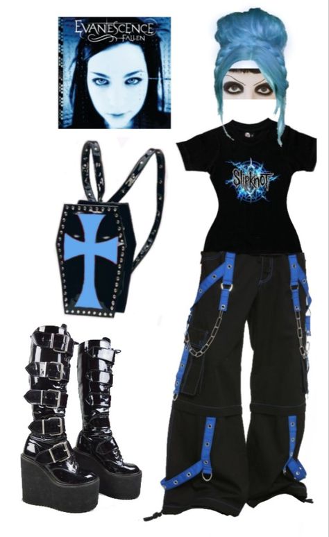 Black And Blue Goth Outfit, Blue Gothic Outfit, Mall Goth Outfits Aesthetic, Mall Goth Outfits 2000s, 2000s Mall Goth Outfits, Blue Alt Outfits, Blue Goth Outfits, Blue Goth Aesthetic, Mall Goth Clothes