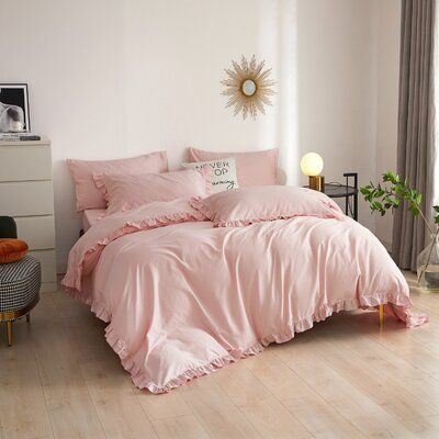 White ruffle duvet cover fitted bedding set, 100% cotton Color: Pink, Size: King Duvet Cover + 5 Additional Pieces | Red Barrel Studio® Bictor Duvet Cover Set Cotton Sateen in Pink / Yellow, Size King Duvet Cover + 5 Additional Pieces | Wayfair | Home Decor Pastel Pink Bedding, Pink And Yellow Bedroom Ideas, Bedroom Comforters, Ruffle Duvet Cover, Pink Comforter, Pink Duvet, Queen Size Duvet Covers, Pink Duvet Cover, Luxury Duvet Covers