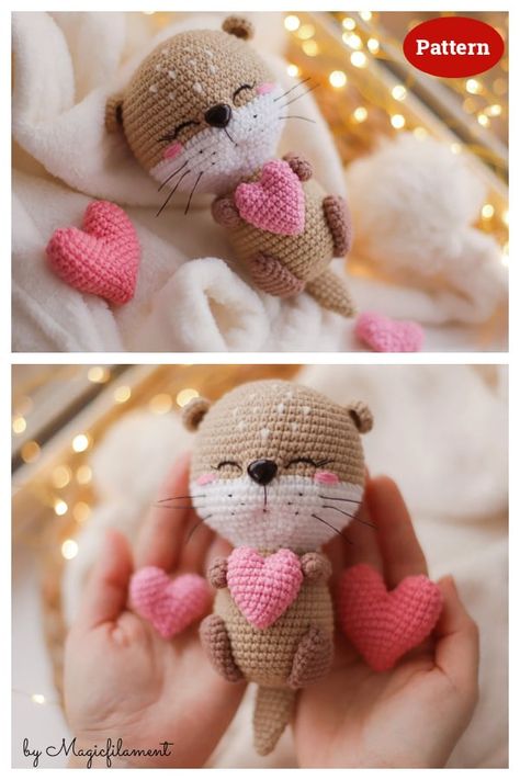 Valentines Day Crochet Ideas, Amigurumi Valentines Day, Valentines Day Craft Ideas, Valentine Amigurumi, Otter Amigurumi, Valentine's Day Crochet, Crochet Critters, Crochet Valentine Patterns, Crochet Toys Free Patterns