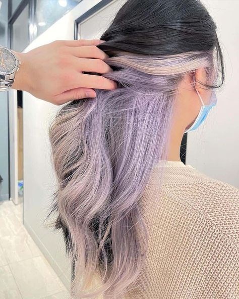 Lavender Hair Highlights Black, Black Highlights Hair, Purple Hair Trends, Silver Highlights On Black Hair, Ashy Purple Hair, Colored Money Piece, Colored Money Piece Hair, Purple Peekaboo Hair, Lavender Grey Hair