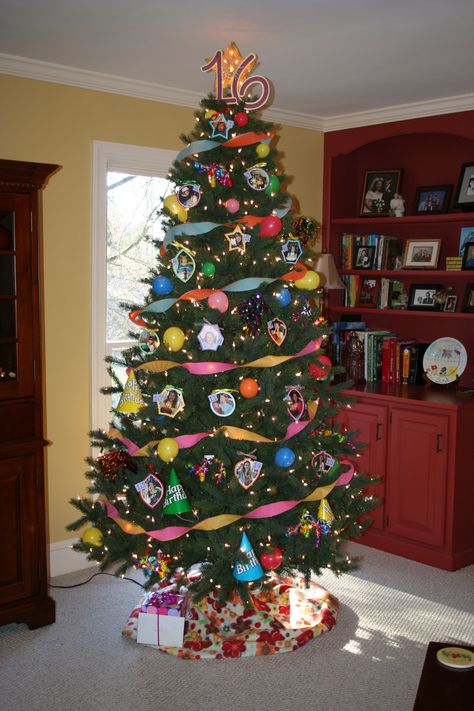 After taking down the Christmas ornaments, we re-decorated our tree for our daughter's 16th birthday.  Now our other children want birthday trees of their own.  One's birthday is in late November, so maybe, but the other is in October.  May have to come up with something different for her! Halloween Christmas Tree Ideas, Unique Christmas Tree Themes, Baby Shower Tree, Unique Christmas Trees Themes, St Patrick's Day Tree, Monthly Holidays, Patriotic Christmas Tree, Unusual Christmas Trees, Birthday Tree