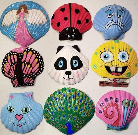 Shells Painting Ideas, Cute Shell Painting Ideas, Art Made From Shells, Painted Seashells Diy, She’ll Painting Ideas, Crafts With Shells For Kids, Paint Shells Ideas, Paint Seashells Ideas, Sea Shell Art Painting