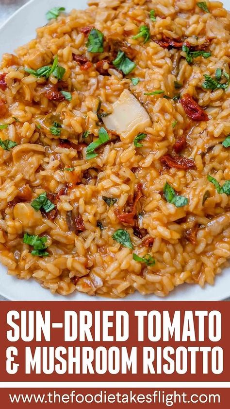 Roasted Peppers Stuffed with Sun-dried Tomato and Mushroom Risotto (Vegan Recipe) – The Foodie Takes Flight Craving Someone, Stuffed Roasted Peppers, Risotto Recipes Vegetarian, Tomato Risotto Recipes, Different Types Of Rice, Risotto Vegan, Fodmap Dinner, Vegetarian Risotto, Types Of Rice