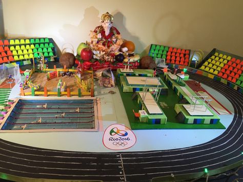 Rio Olympic theme based Ganapati Decoration idea Cricket Theme Ganpati Decoration, Ganpati Decoration Theme Ideas, Ganapati Decorations, Olympics Decorations, Ganpati Decoration Theme, Bappa Photo, Ganpati Bappa Photo, Olympic Theme, Ganpati Decoration At Home