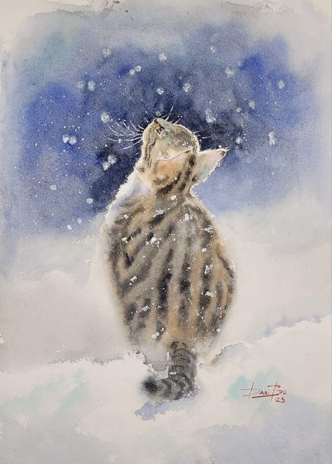 Tabby Cat Drawing, Cat Portrait Painting, Cat Watercolor, Winter Cat, Winter Illustration, Winter Watercolor, Winter Painting, Air Brush Painting, Watercolor Cat