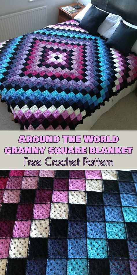 Around the World Granny Square Blanket Free Crochet Pattern #freecrochetpatterns #crochetblanket #grannysquare Poke All Crochet Pattern, Free Crochet Patterns For Throws, Small Square Crochet Blanket, Crochet Project For Dogs, Grant Square Blanket, Crochet Granny Square Blanket Colour Schemes, Afagan Patterns Crochet, Cool Crochet Patterns Free, Stained Glass Granny Square Crochet