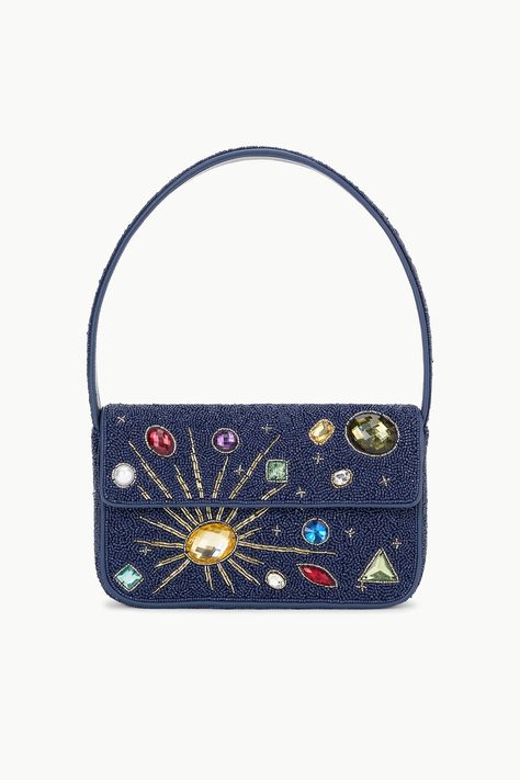 STAUD TOMMY BEADED BAG NAVY CELESTIAL Staud Bags, Tommy Beaded Bag, Beaded Leather Bag, Beaded Cabochon, Staud Handbags, Constellation Pattern, Soft Loafers, Custom Handbags, Flat Heel Boots