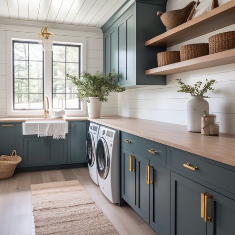 Farmhouse Laundry Room Cabinet Color, Laundry With Blue Cabinets, Teal Laundry Room Cabinets, Teal Cabinets Laundry Room, Blue Green Cabinets Laundry Room, Laundry Room With Dark Floors, Blue White Laundry Room, Laundry Room Design Blue, Blue Wall Laundry Room