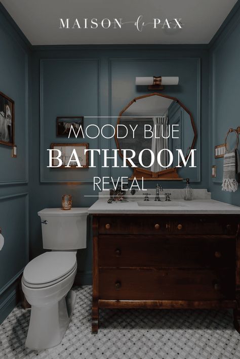 Classic, Moody Blue Bathroom Reveal - Maison de Pax Farrow And Ball Stiffkey Blue Bathroom, De Nimes Bathroom, Blue Downstairs Toilet Ideas, Dusty Blue Bathroom Ideas, Shades Of Blue Bathroom, Dark Blue Bathroom Walls, Blue Half Bathroom, Moody Blue Sherwin Williams, Blue Bathroom Colors