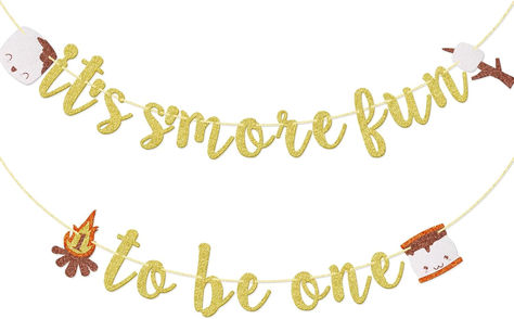 It’s S’more Fun to Be One Banner, Camping Themed 1st Birthday Banner, S'mores Birthday Banner for Baby Boy and Girl, One Happy Camper, Outdoor Camping Birthday Decorations (Gold Glitter) #ad #smores #smoresbirthday #smoresbirthdaypartyideas #smoresbirthdaypartysupplies #birthdaypartybanner #smoresbirthdaypartytheme #firstbirthday #firstbirthdaypartythemes #firstbirthdaypartybanner One Happy Camper First Birthday Girl, One Happy Camper, 1st Birthday Banner, Themed 1st Birthday, Baby Boy And Girl, Baby Birthday Themes, One Banner, 1st Birthday Banners, First Birthday Party Themes