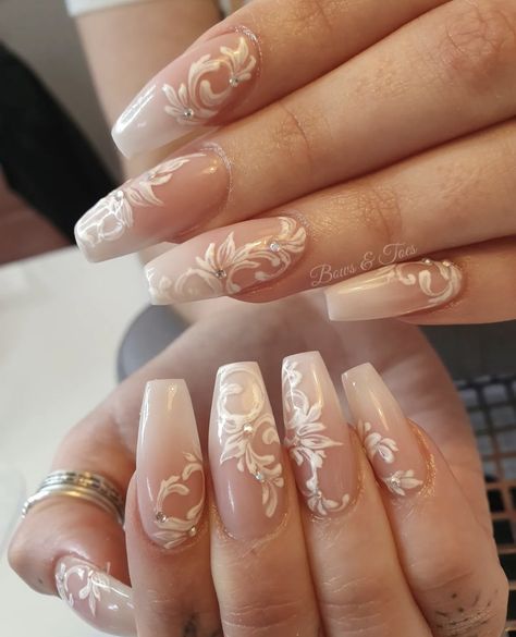 Royal Wedding Nails, Lace Print Nails, Wedding Nails Fairytale, Bridal Coffin Nails, Lace Nail Design Wedding, Wedding Elegant Nails, White Rose Nail Design, Nail Ideas For White Dress, Aesthetic Wedding Nails