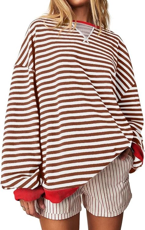 Fisoew Womens Striped Oversized Sweatshirt Color Block Crew Neck Long Sleeve Shirt Casual Loose Pullover Top Y2K Clothes Red at Amazon Women’s Clothing store Red Striped Shirt, Striped Sweatshirt, Beige Pullover, Oversize Pullover, Oversize Casual, Beige Top, Short Sleeve Romper, Top Plus Size, Sweatshirt Women