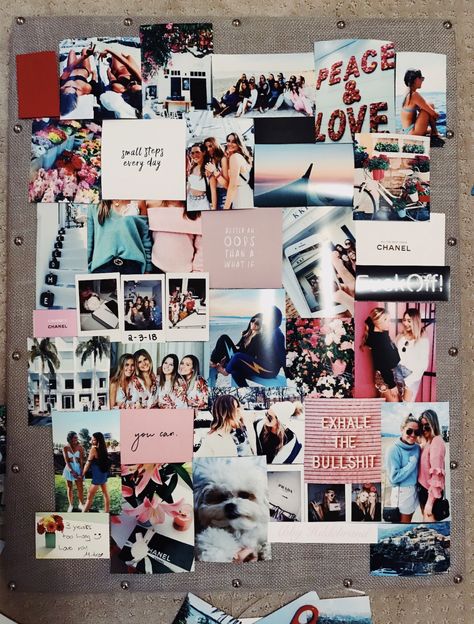 Corkboard Collage, Goal Collage Inspiration Boards, Dorm Room Picture Wall Ideas Cork Boards, Family Collage Poster Board, Magazine Collage Vision Board, Cork Board Ideas For Bedroom, Teen Girl Bedroom Designs, Teen Girl Bedrooms Ideas, Vision Board Diy