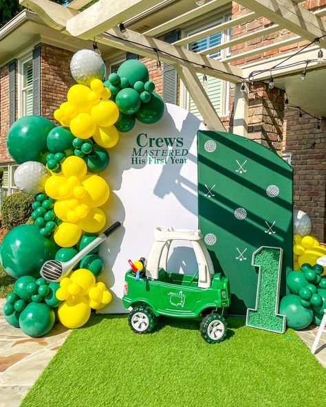 Mastered His First Year ⛳️🏌️‍♂️ #balloons #golf #masters #balloongarland #whitebounce #golfparty #firstbirthday Masters Balloon Garland, Golf Birthday Balloons, Mastered One Birthday, Mastered His First Year Birthday, Mastered First Year Birthday Party Golf, Masters First Birthday, Masters Golf First Birthday Party, Mastered His First Year Party, Golf Themed Centerpieces Ideas