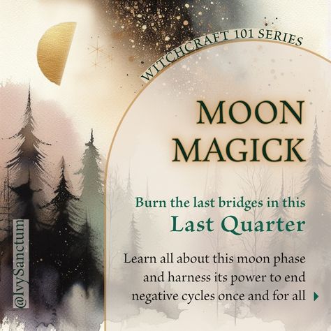 🌗✨ Burn the Last Bridges with the Last Quarter Moon ✨🌗 Hello lovely witches and magickal creatures 💫 The Last Quarter, or Third Quarter Moon, is a powerful time for final closures and concrete actions to end what no longer serves us, and clear out stubborn old habits or situations definitively. 🧹 This phase is distinct from the earlier waning phase as it calls not only for gradual releasing from negative influences, but for cementing those decisions with definitive actions and making sure ... Last Quarter Moon Magic, Third Quarter Moon, Last Quarter Moon, Moon Zodiac, Paganism Spells, Quarter Moon, Spell Work, Wiccan Spells, Hello Lovely