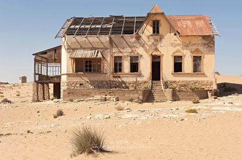 Near Lüderitz, lies Kolmanskop (or Kolmanskuppe), an abandoned diamond mining town from the early 1900's.  Abandoned in 1956, it has been invaded by the sand of the Namib Desert and is now a ghost town.  This is Buchhalter Wohnung, the bookkeeper's or accountant's home. Abandoned Office, Diamond Mining, Landscape Reference, Mining Town, Namib Desert, Desert Landscape, Ghost Town, A Ghost, Abandoned Buildings