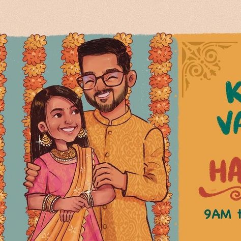 Saara | சாரா on Instagram: "Made this illustrative wedding invitation for a beautiful couple. The groom and bride are from different cultural backgrounds and wanted to illustrate each and every wedding rituals with their cartoon avatars. This is 1/3rd of the invitation  . Ps, Had to delete the previous post:(  . #commissionedwork #weddinginvite #freelanceartist" Wedding Card Illustration Design, Wedding Invitation Photo Ideas, Wedding Cartoon Illustration, Wedding Caricature Couple, Wedding Couple Art, Wedding Invite Illustration, Couple Wedding Illustration, Wedding Illustration Couple, Wedding Card Illustration