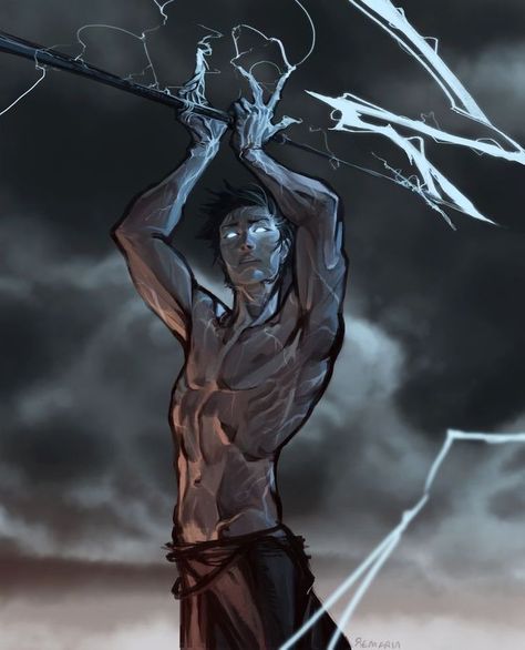 Storm Sorcerer Dnd Male, Storm Mage Fantasy Art, Light Magic Drawing, Dnd God Concept Art, Lighting Character Design, Giant Holding Person, Dnd Storm Sorcerer, Spear Character Design, Character Looking Down