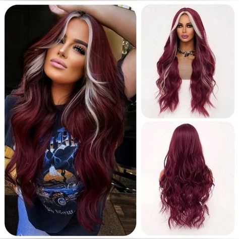 Long Curly Hair Dyed, Red Black And Blonde Hair, Maroon And Pink Hair, Brown Hair With Red And Blonde Highlight, Cherry Red Hair With Blonde Highlights, Purple Burgundy Hair Color, Alt Hair Colors, Funky Hair Color Ideas, Tangled Nails